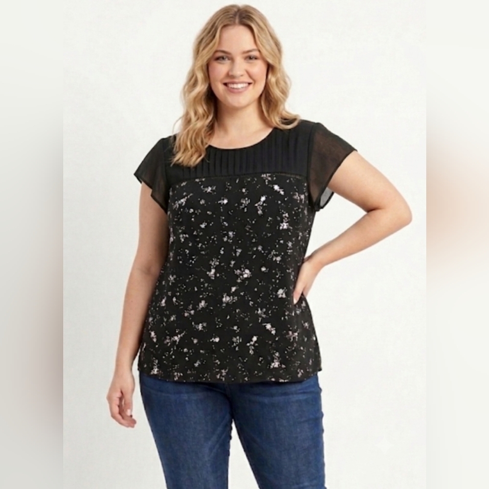 ​🌸 Reitmans Black Floral Sheer Flutter Sleeve Blouse | Plus Size 2X